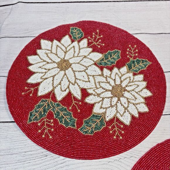 NICOLE MILLER POINSETTIA Beaded Placemat 15” Round CHARGER Set 2 Red Christmas - Picture 2 of 4